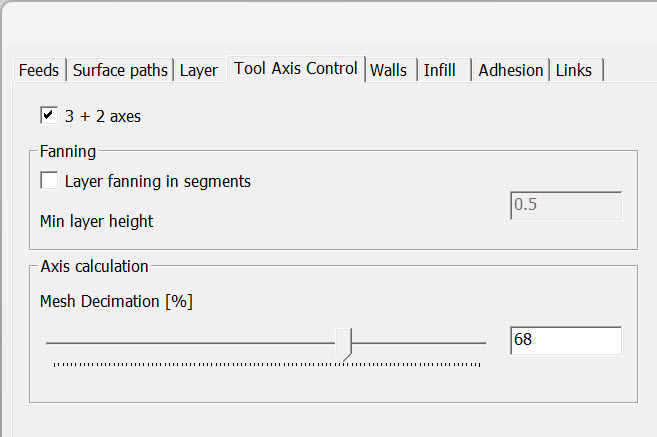 A picture to show the 3+2 axis strategy and layer fanning to have support-free manufacturing.