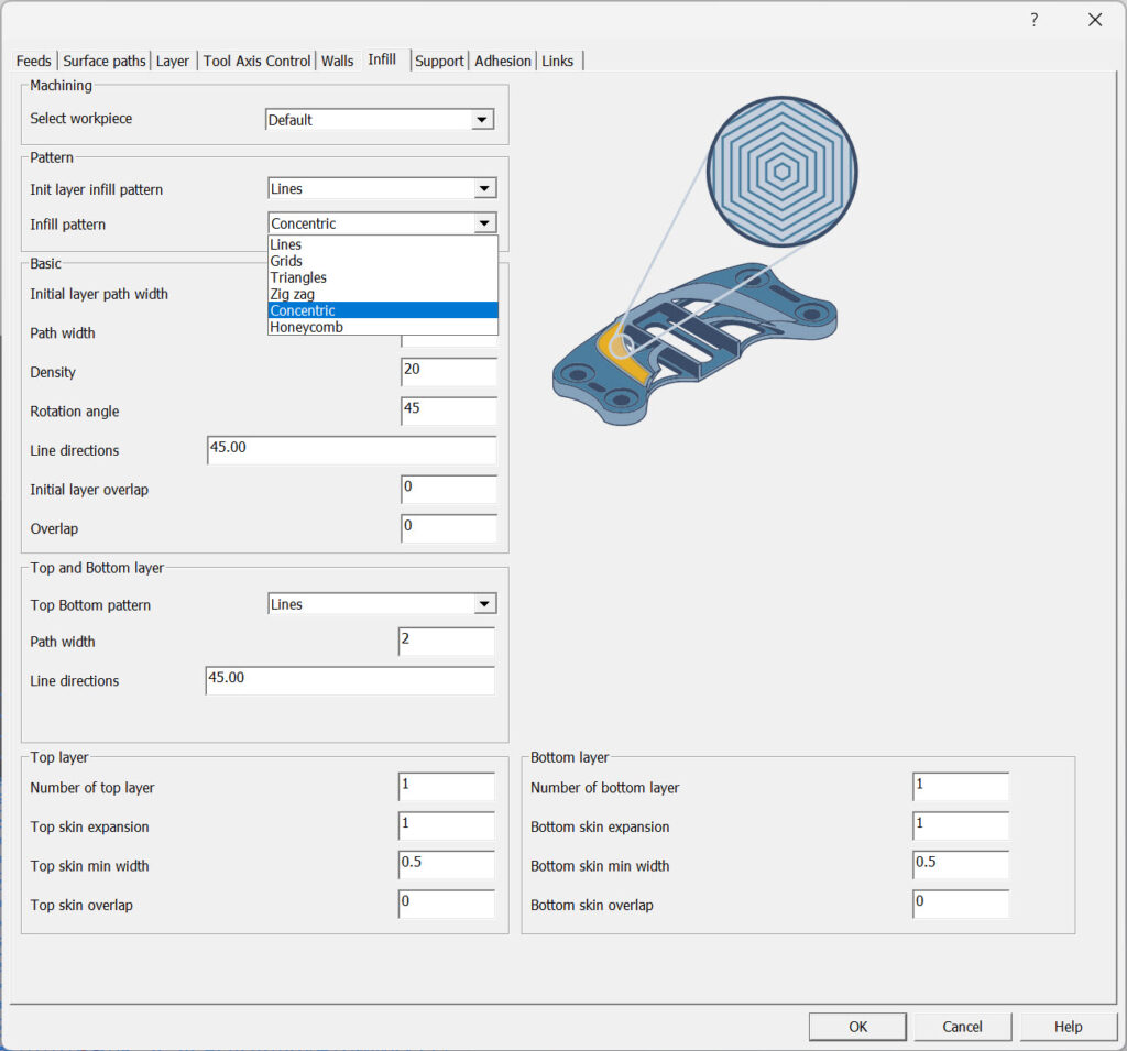 A picture to show the factors the user can control for the Infill function, like Patterns, Direction, Density, and so on.