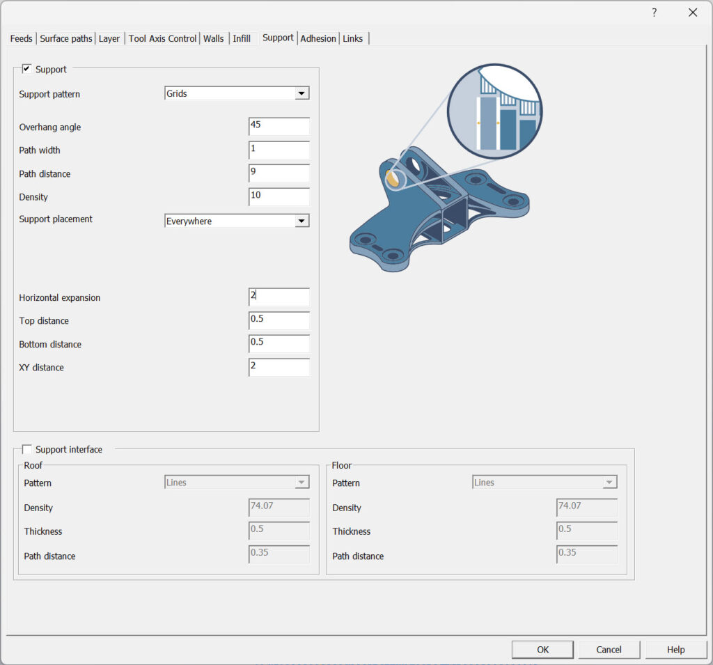 A picture to show the factors the user can control for the Support function, like Patterns, Overhang angle, Density, and so on.