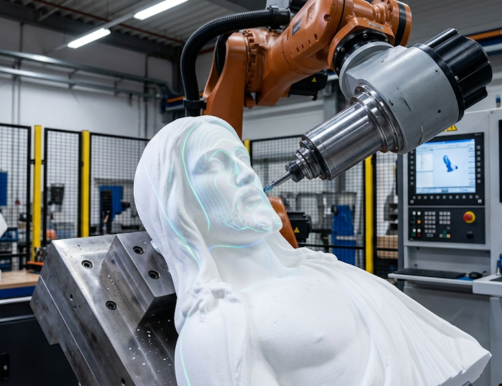 Industrial robot arm milling a detailed white statue, showing a glowing green projection toolpath on the face.