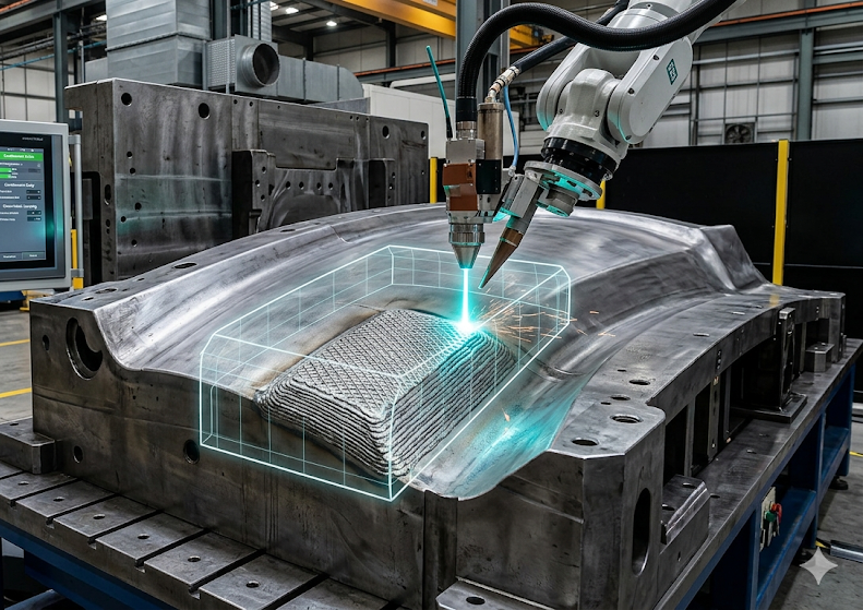 Robotic arm performing laser cladding on a large automotive die.