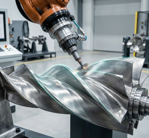 An industrial robot arm is polishing a complex aerospace turbine blade.