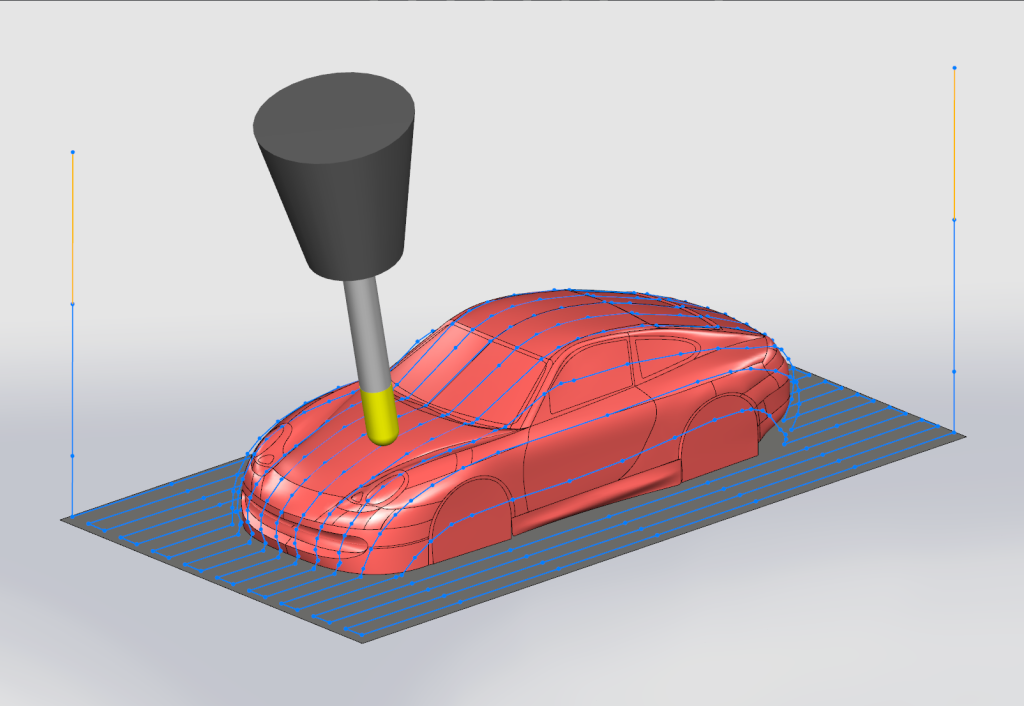 Robotic milling tool automatically retracting to a safe clearance height to avoid collision with a fixture.