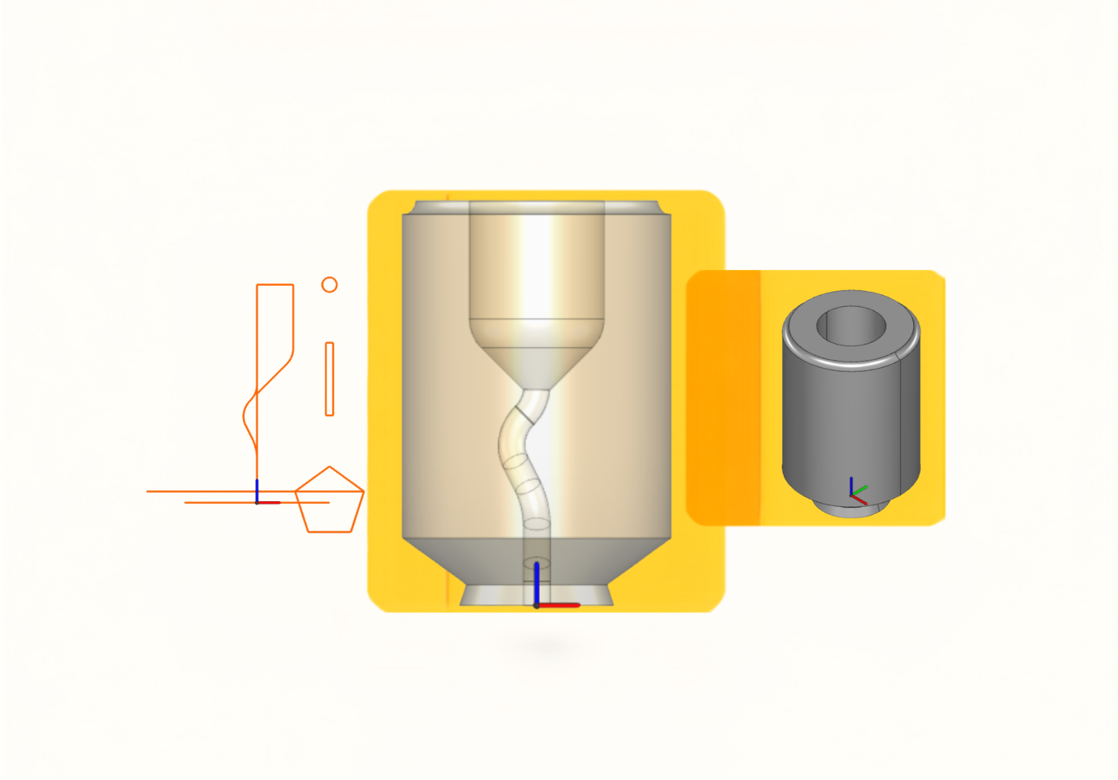 3D model progression from a wireframe sketch to an internal view and final solid model within the Robotmaster CAD Module.